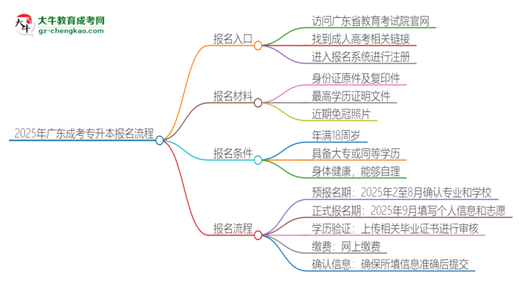 2025年廣東成考專升本怎么報(bào)名？報(bào)名流程是？思維導(dǎo)圖