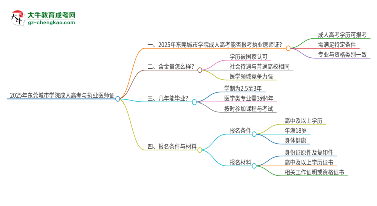 2025年東莞城市學院的成人高考學歷能報考執(zhí)業(yè)醫(yī)師證嗎？思維導圖