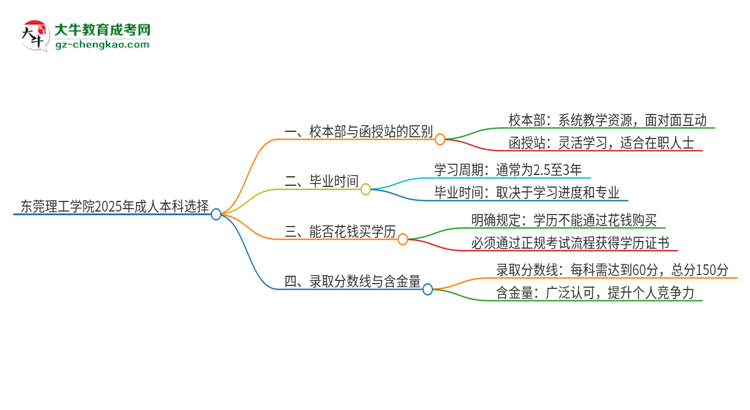 東莞理工學(xué)院2025年成人本科：校本部與函授站哪個好？思維導(dǎo)圖