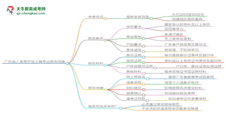 廣東成人高考環(huán)境工程專業(yè)2025年報名流程思維導(dǎo)圖