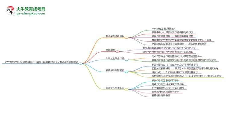 廣東成人高考口腔醫(yī)學(xué)專業(yè)2025年報名流程思維導(dǎo)圖