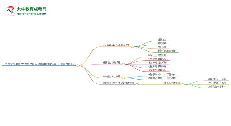 2025年廣東成人高考軟件工程專業(yè)入學考試科目有哪些？思維導圖