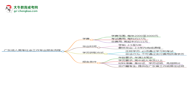 廣東成人高考社會工作專業(yè)2025年報名流程思維導(dǎo)圖