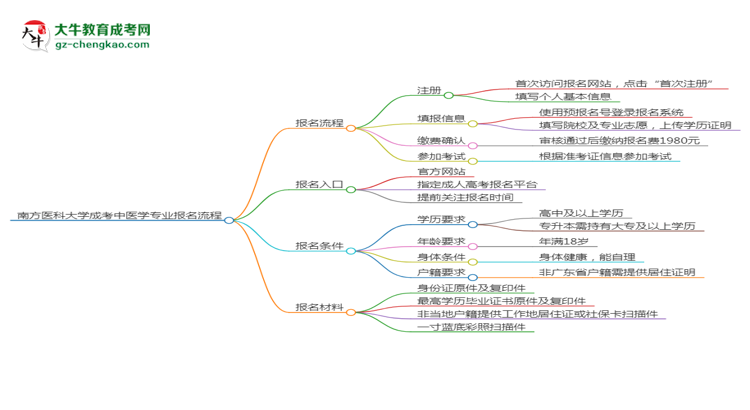 南方醫(yī)科大學成考中醫(yī)學專業(yè)2025年報名流程思維導圖