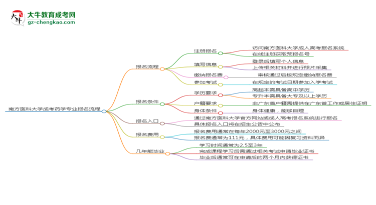 南方醫(yī)科大學(xué)成考藥學(xué)專業(yè)2025年報(bào)名流程思維導(dǎo)圖