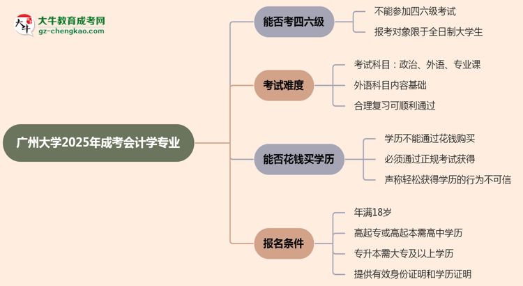 廣州大學(xué)2025年成考會計學(xué)專業(yè)生可不可以考四六級？思維導(dǎo)圖