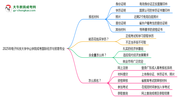 2025年電子科技大學(xué)中山學(xué)院成考國(guó)際經(jīng)濟(jì)與貿(mào)易專業(yè)報(bào)名材料需要什么？思維導(dǎo)圖