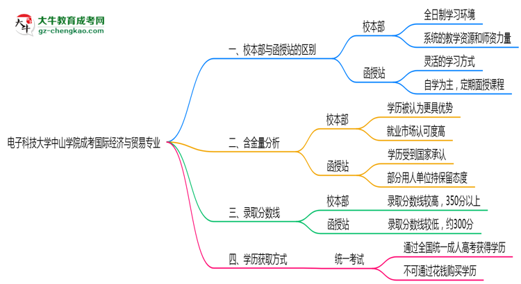 電子科技大學(xué)中山學(xué)院2025年成考國(guó)際經(jīng)濟(jì)與貿(mào)易專(zhuān)業(yè)校本部和函授站哪個(gè)更好？思維導(dǎo)圖