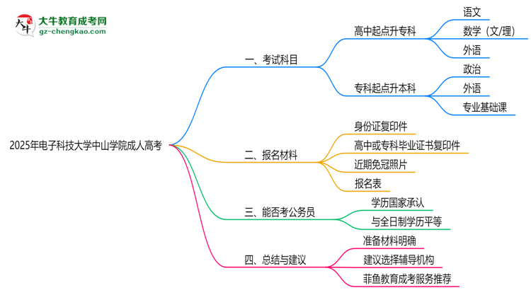 2025年電子科技大學中山學院成人高考入學考試科目有哪些？思維導圖