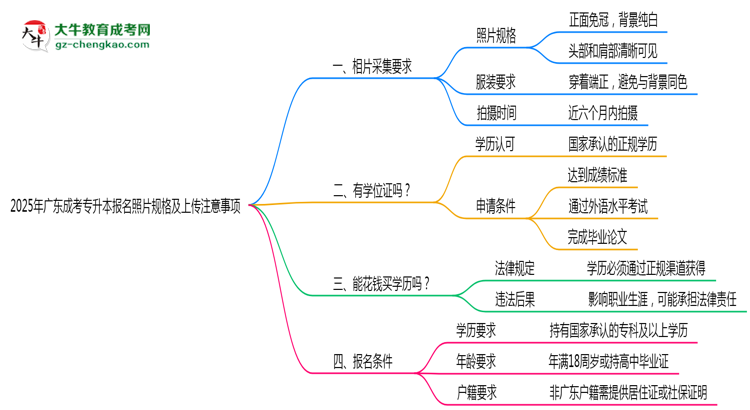 2025年廣東成考專升本報名照片規(guī)格及上傳注意事項思維導圖